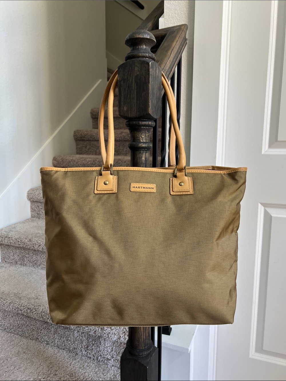 Hartmann Olive Green Tote with Tan Leather Handles